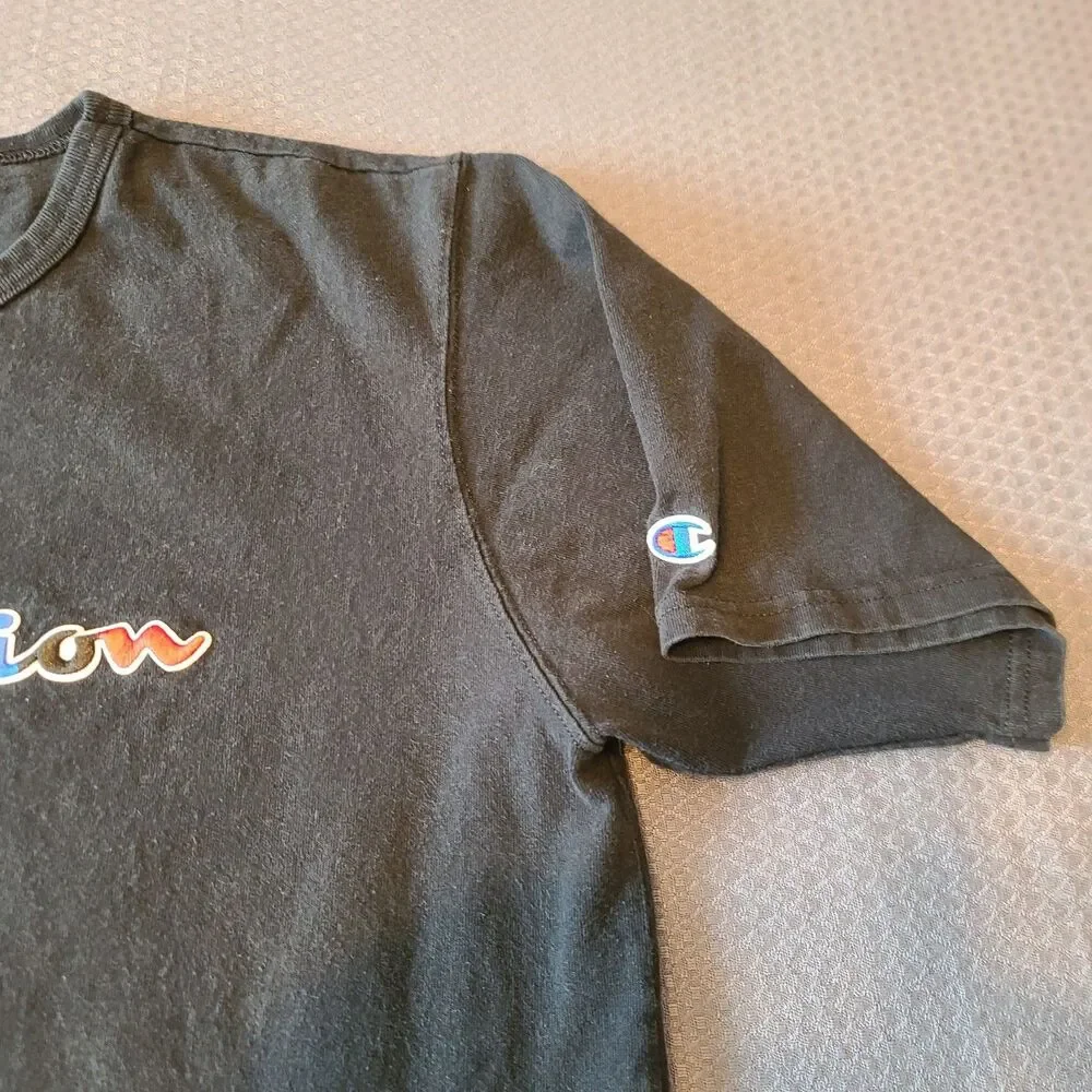 Champion Black Multi Color Embroidered Logo Men's Large T Shirt No Tags - Picture 4 of 7